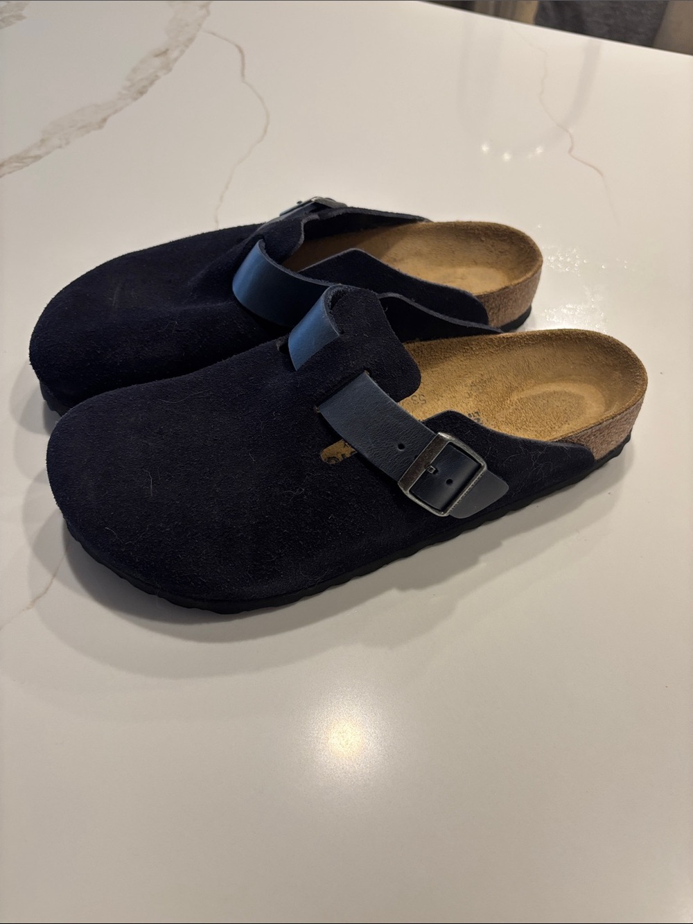 Birkenstock Black Suede Boston Mules with Buckle